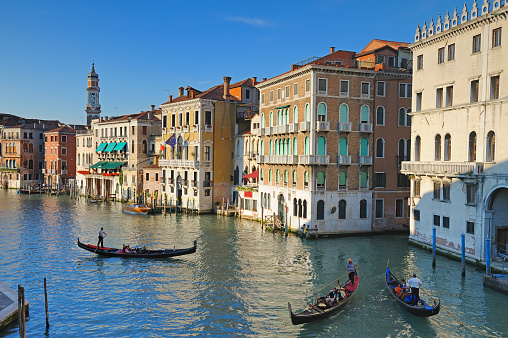 Wide angle view of gondolas on the Grand Canal in Venice, Italy