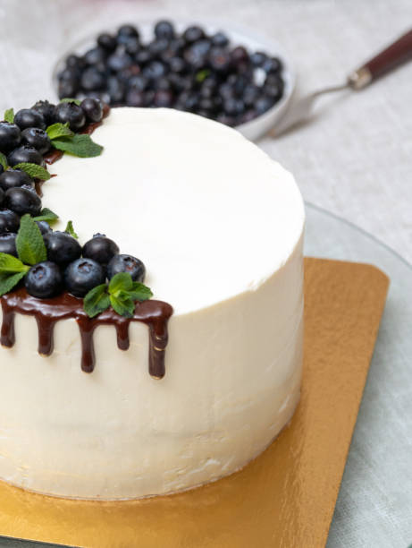 istock Cake with white cream is decorated with chocolate with blueberries on top. In the blurry background is plate with berry. Place for the inscription. Image for website about food, confectionery. Selective focus. 1393665032