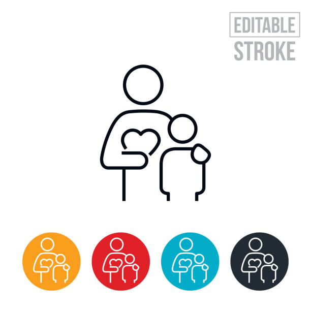 bildbanksillustrationer, clip art samt tecknat material och ikoner med single mother with hand on shoulder of child thin line icon - editable stroke - enföräldersfamilj