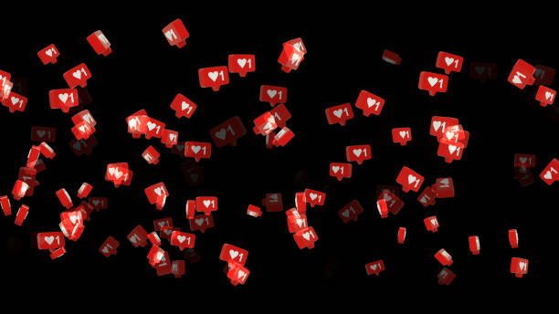 3d rendering of flying speech bubbles with heart, social media notification like icon on black background