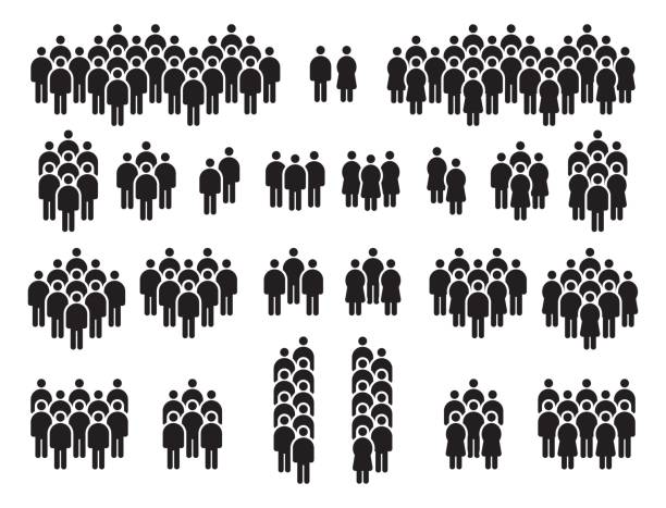 군중 검은 실루엣 아이콘, 시민 또는 사회 공동체에있는 사람들. 인간의 막대기 그림은 표지판을 모은다. 데모 벡터 세트의 남성과 여성 - people stock illustrations
