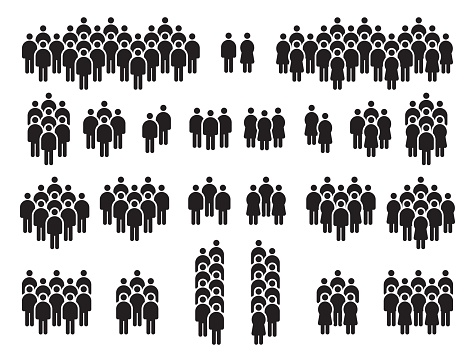 People in crowd black silhouette icons, citizen or society community. Human stick figure gather. Men and women on demonstration vector set
