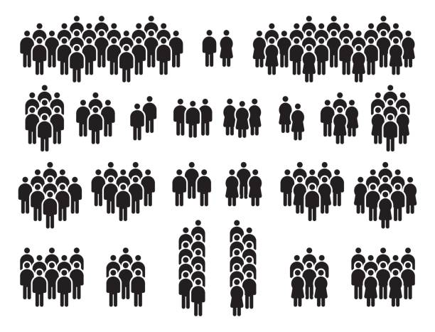 people in crowd black silhouette icons, citizen or society community. human stick figure gather sign. men and women on demonstration vector set - people 幅��插畫檔、美工圖案、卡通及圖標