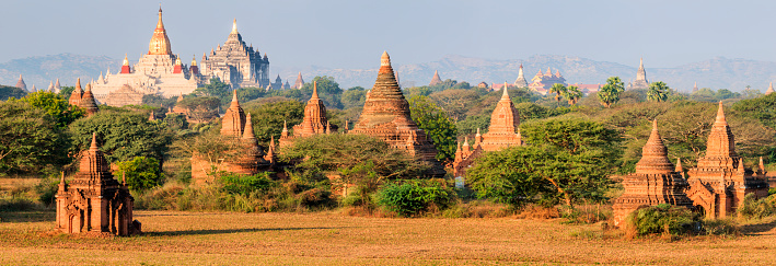 Panoramic view of ancient temples in Bagan, Myamar (Burma), Asia. XXXXL - this panoramic landscape is a very high resolution multi-frame composite and is suitable for large scale printing