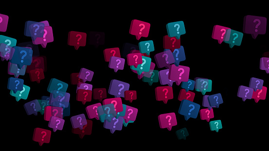 Flying question mark speech bubbles on black background. Brainstorming, business concept. 3d render.