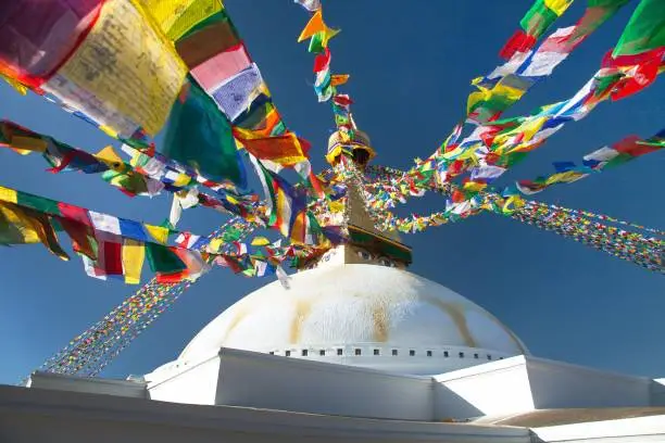 Boudha, bodhnath or Boudhanath stupa with prayer flags, the biggest buddhist stupa in Kathmandu city, buddhism in Nepal