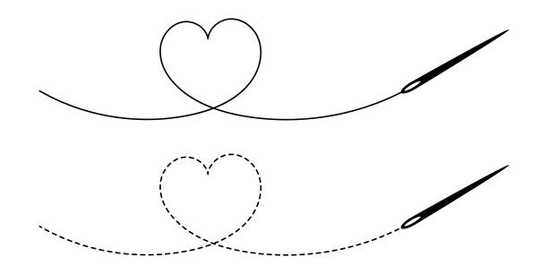 ilustraciones, imágenes clip art, dibujos animados e iconos de stock de aguja con cuerda en forma de corazón. ilustración vectorial. - thread needle sewing isolated