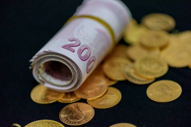 200 Turkish lira and gold coin regularly stand on black background 200 Turkish lira and gold coin regularly stand on black background para birimi stock pictures, royalty-free photos & images