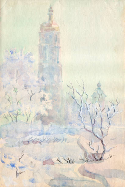 Watercolor painted winter landscape. Bell tower of St. Sophia Cathedral in Kyiv Watercolor painted winter landscape. Bell tower of St. Sophia Cathedral in Kyiv winter wonderland london stock illustrations