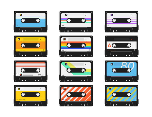 ilustrações de stock, clip art, desenhos animados e ícones de retro vintage tape cassettes. pattern set of twelve cassettes. - 269