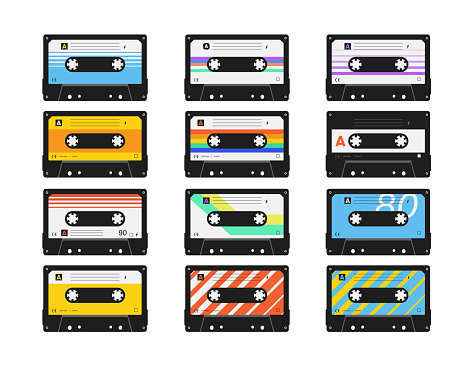 Retro Vintage tape Cassettes. Pattern Set of twelve cassettes. Colorful retro audio tapes background. Every illustration isolated