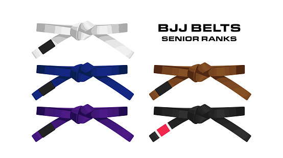 Brazilian Jiu Jitsu adult belts rank system. Vector illustration isolated on white. Bjj white blue purple brown and black belt. Template for logo posters and other.