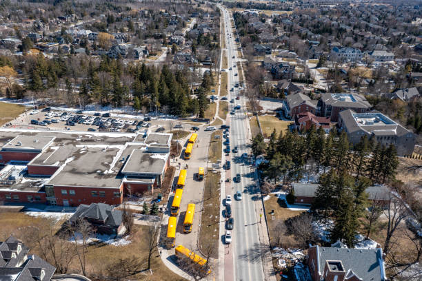 aerial view of kleinburg town and islington ave, vaughan, canada - ônibus de dois andares imagens e fotografias de stock