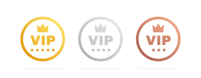 Set VIP badges in gold, silver and bronze color. Round label with three vip level. Modern vector illustration.