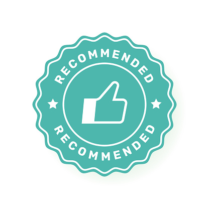 Recommended badge set. Label design with thumbs up. Good choice recommendation. Vector illustration.