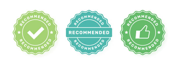 stockillustraties, clipart, cartoons en iconen met recommended badge set. label design with check mark and thumbs up. good choice recommendation. vector illustration - badges