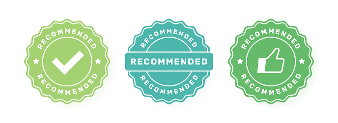 Recommended badge set. Label design with check mark and thumbs up. Good choice recommendation. Vector illustration.