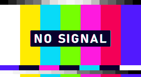No signal glitch TV pattern. Television screen error. Screen with distorted color bars and noise. Vector illustration.