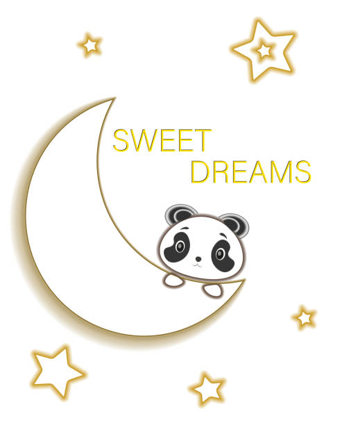 달, 귀여운 팬더와 별과 달콤한 꿈 일러스트레이션. 카와이 웃는 만화 동물. - teddy panda bear stock illustrations