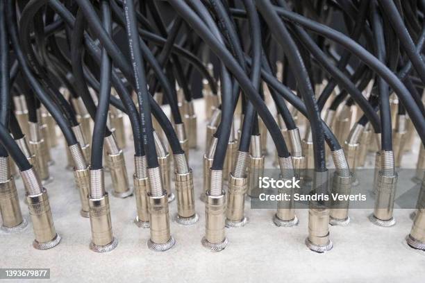 Audio Jack Cable Connected At Rear End Of Mixer At Broadcasting Shallow Depth Of Field Stock Photo - Download Image Now