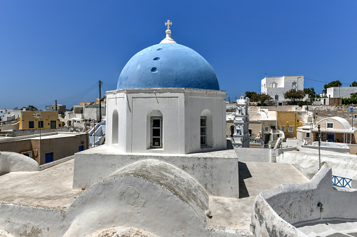 A view of the blue dome of the Panagia ton Eisodion church in the traditional village of Megalochori.