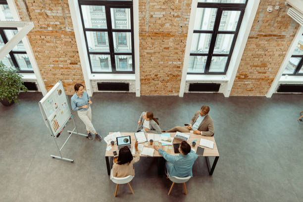 istock Lady standing near the flipchart and communicating with the team 1393686894