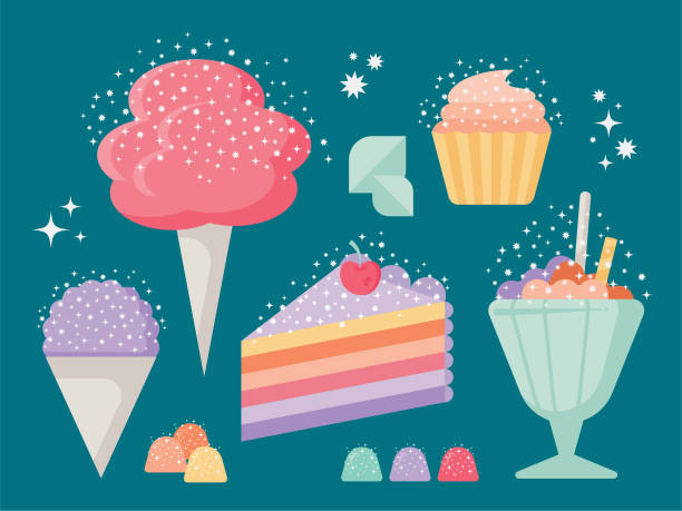 Modern colorful cake, cotton candy, and ice cream sunday vector Candy, dessert, ice cream, cake, summer treats, gumballs, lollipops, and bakery vector illustration objects, elements, and patterns. Great for greeting cards, invitations, surface design, fabric, and social media graphics. Cotton Candy. Snow Cone. Cupcake. snow cone stock illustrations