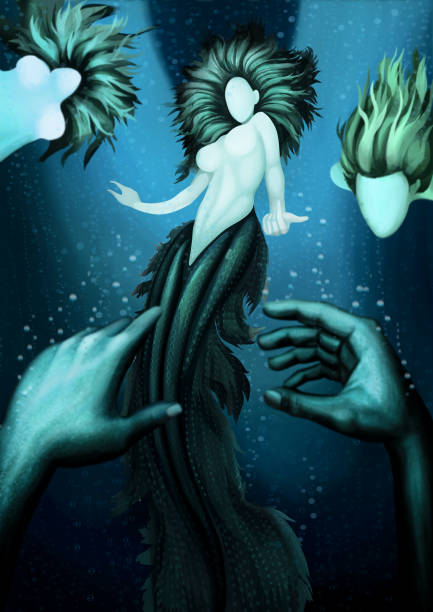 ilustraciones, imágenes clip art, dibujos animados e iconos de stock de fantástica sirena, personaje de sirenas, concepto oscuro bajo el agua - mala de la sirenita