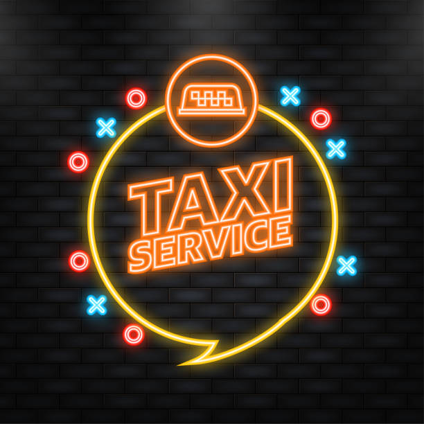 Neon Icon. Taxi service, great design for any purposes. App logo concept. Brochure design template, card, banner. Neon Icon. Taxi service, great design for any purposes. App logo concept. Brochure design template, card, banner taxi logo background stock illustrations
