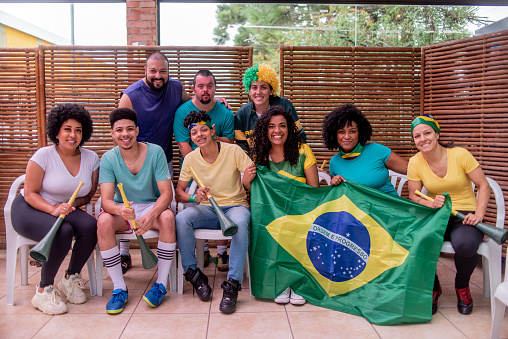 Portrait of a group of friends fans from Brazil