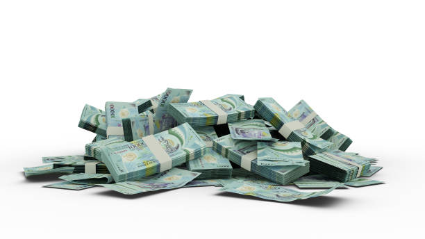 istock 3D Rendering of Stack of Vanuatu vatu notes isolated on white background. Bundles of vatu notes 1393698946