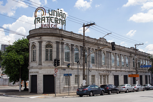 Sao Paulo, SP, Brazil - March 06th, 2022: União Fraterna building with a dominant eclectic baroque style, inaugurated in 1934 and listed as a historical heritage, in the Vila Romana neighborhood.
