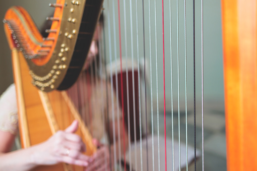 Female musician harpist playing wooden harp 