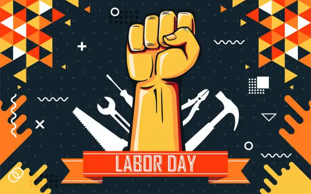 Vector illustration of International worker's day design with labor tools and hand fist abstract vector. 1st May solidarity campaign theme.