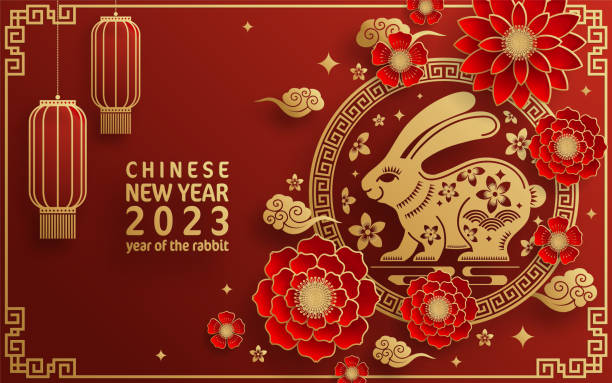 Happy chinese new year 2023 year of the rabbit Happy chinese new year 2023 year of the rabbit zodiac with on color Background. (Translation : Happy new year) year of the rabbit stock illustrations