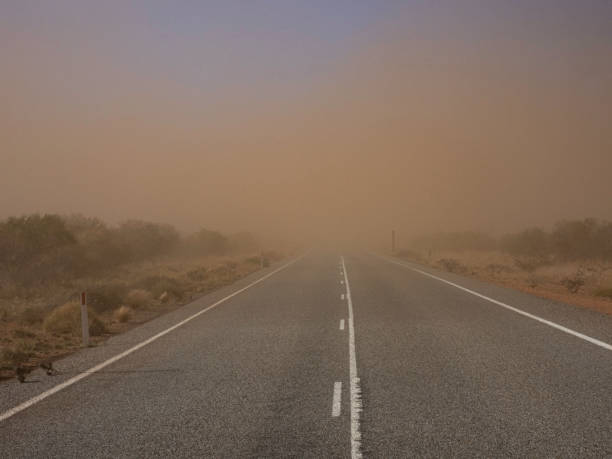 Dust storm on road stock photo
