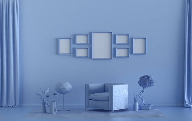 istock Mock-up poster gallery wall with 7 frames in solid pastel light blue room 1393709238