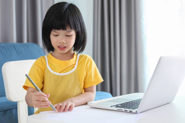 istock little asian girl student study online using laptop computer at home 1393709674