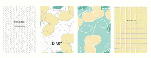 Cover page vector templates with apples, pea, hand drawn gridlines. Headers isolated and replaceable Set of cover page templates with apples, pea, hand drawn gridlines. Based on seamless patterns. Headers isolated and replaceable. Perfect for notebooks, notepads, diaries workbook paper checked mesh stock illustrations