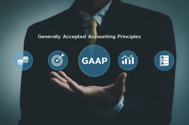 Hand businessman icon GAAP Generally Accepted Accounting Principles  virtual screen.Business financial Concept. stock photo