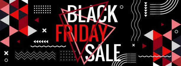 Vector illustration of Black Friday sale design with red and black color theme background. Abstract geometric triangles & shapes in retro style modern web banner.