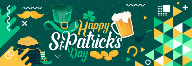 ilustrações de stock, clip art, desenhos animados e ícones de happy saint patrick's day banner with st. patrick icons like bear glass, cap, gold coins, horseshoe, mustache & leaf etc. st patricks green theme design with modern retro abstract irish background. - saint patricks banner green beer patrick leprechaun hat