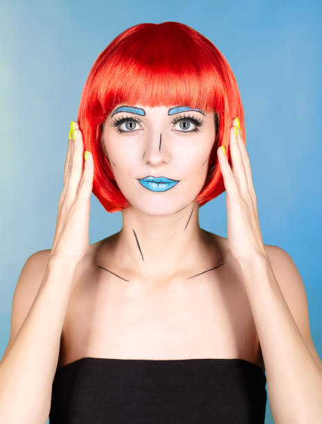 istock Female in red wig and in comic  pop art make-up style on blue background 1393714580
