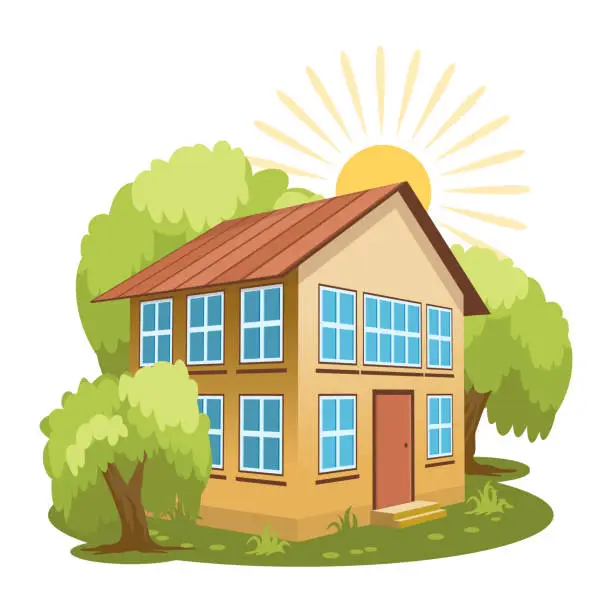 Vector illustration of Summer landscape. House surrounded by trees