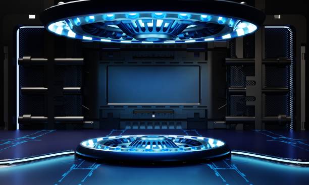 istock Sci-fi product podium showcase in spaceship with white and blue background. Space technology and object concept. 3D illustration rendering 1393717078