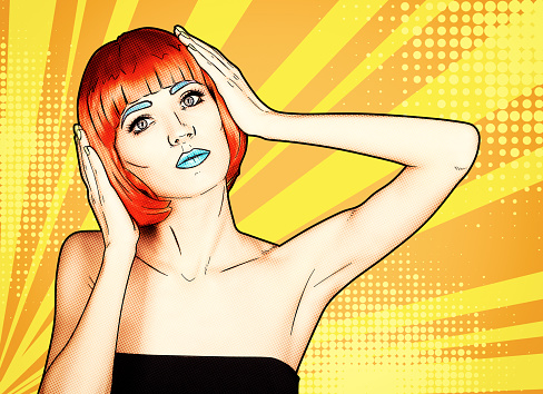 Portrait of young woman in comic pop art make-up style. Female in red wig on yellow - orange cartoon background.