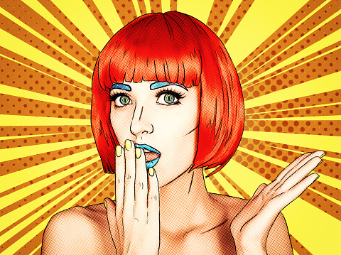 Portrait of young woman in comic pop art make-up style. Female in red wig on yellow - orange cartoon background.