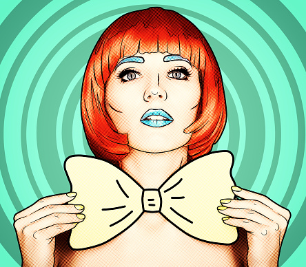 Portrait of young woman in comic pop art make-up style. Female in red wig on cyan cartoon background. Girl with yellow bow-tie in hands.
