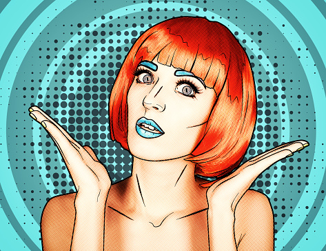 Portrait of young woman in comic  pop art make-up style. Female in red wig on blue cartoon background.