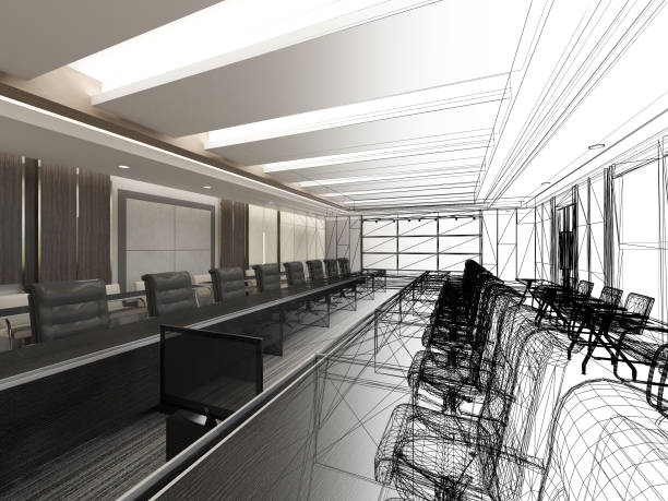istock sketch design of interior conference room, 3d rendering wire frame 1393721146